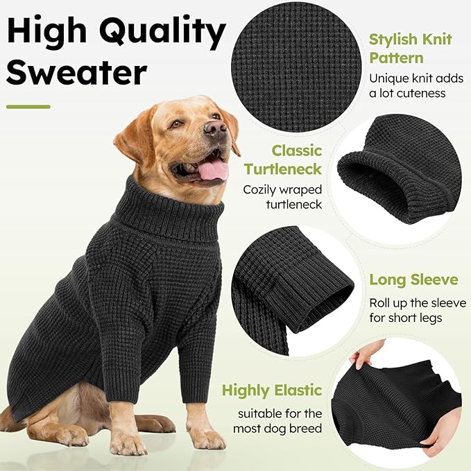 Queenmore Turtleneck Long Sleeve Knitted Dog Sweater With Check Pattern, Fall Winter Warm for Small Medium Large Dogs, Solid Pull-on Pet Sweater for Cats, Charcoal Gray 3XL