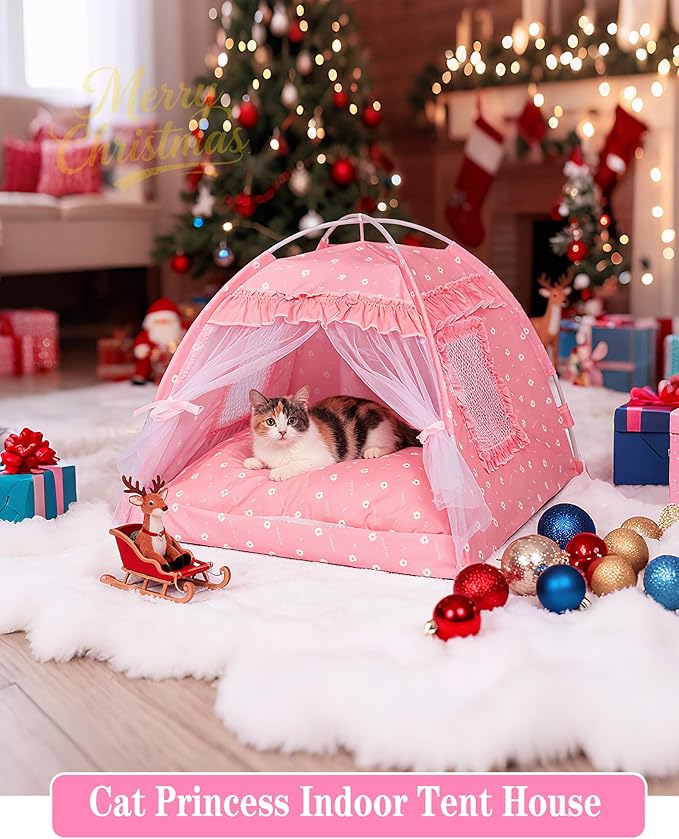 Cat Princess Bed Tent House - Kitty Cute Beds Indoor,Small Dog House Indoor/Outdoor Cave Nest Bed Small Dog Tent for Cat,Puppy Tents (15.7"x15.7"x14.5"/Pink)