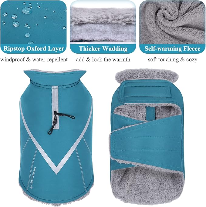 VIVAGLORY Snowrap Dog Coat, Jacket with Harness Hole & Velcro Closure, Dog Coat for Winter & Cold Weather, Fluffy Warm Fleece Lined Reflective Water Resistant for Puppy, XS, Turquoise