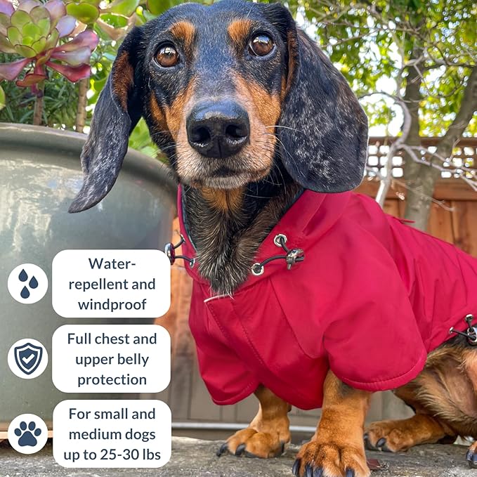 DJANGO Highland Dog Jacket & Raincoat – Water-Repellent, Lined Dog Coat with Hood, Adjustable Fit & Harness Hole – Lightweight Rain & Wind Jacket for Small & Medium Dogs up to 30 lbs (Red, Large)