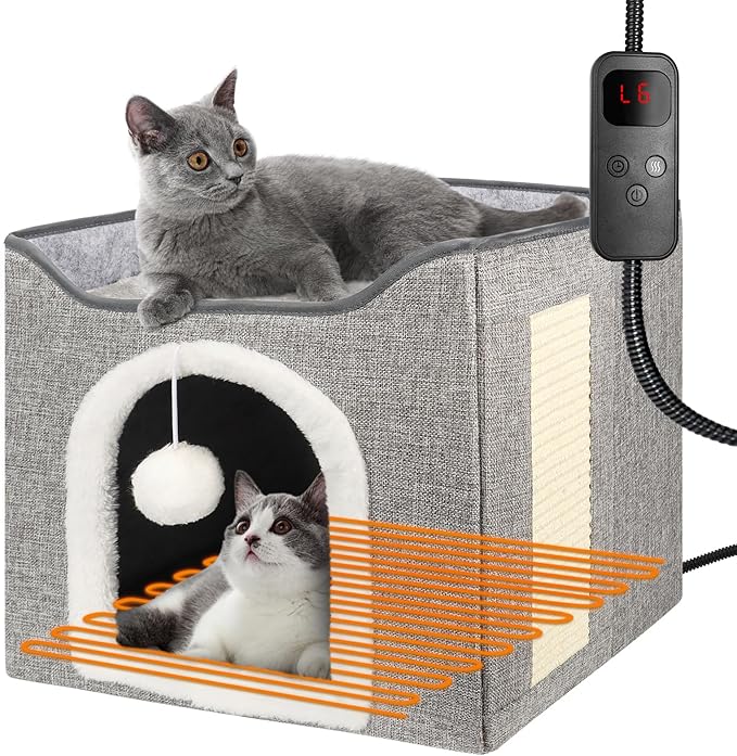 Heated Cat Bed for Indoor Cats, Foldable Cat House with Removable Heating Pad for Cats Small Dog Covered Cat Bed Cave Kitty Hideaway with with Scratch Pad, All Season Use