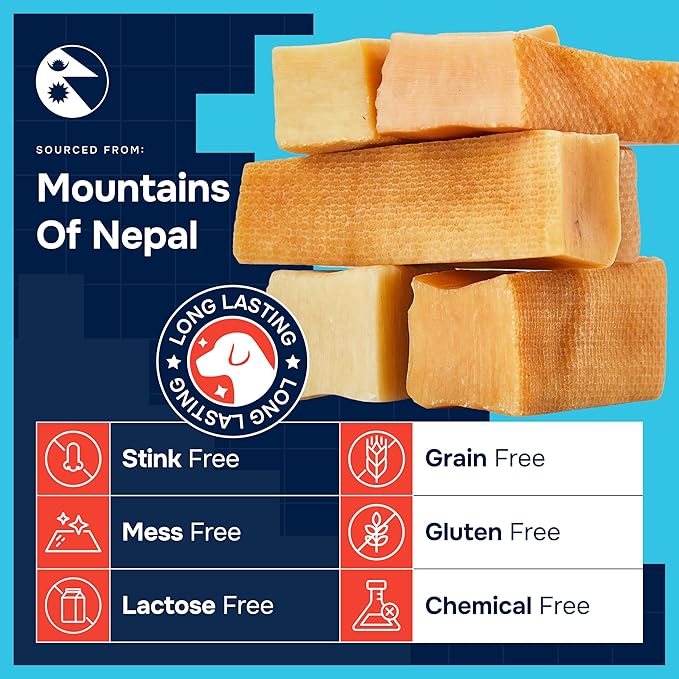 100% Natural Yak Cheese Himalayan Made Dog Chews All Breeds - Lactose Free Yak Chew for Small Medium & Large Dogs - Dental Cleaning Dog Chews for Aggressive Chewers - Long Lasting Odor & Gluten Free