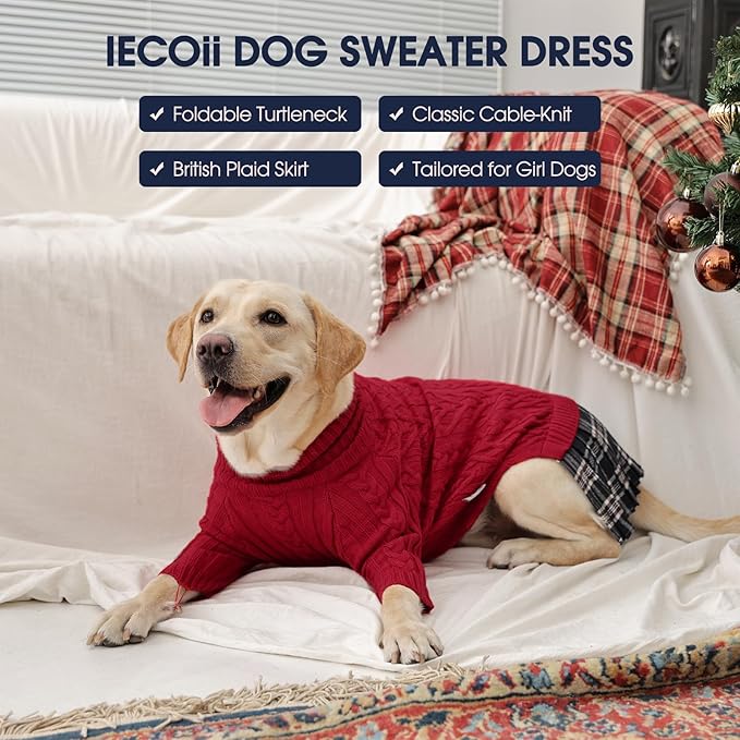 IECOii XL Dog Sweater Dress for Large Dogs Girl, Cable Knit Winter Dress for Female Dogs, Red,XLarge, Soft Girl Dog Sweater with Tartan Plaid Skirt Cute Turtleneck Knitwear for Cold Weather