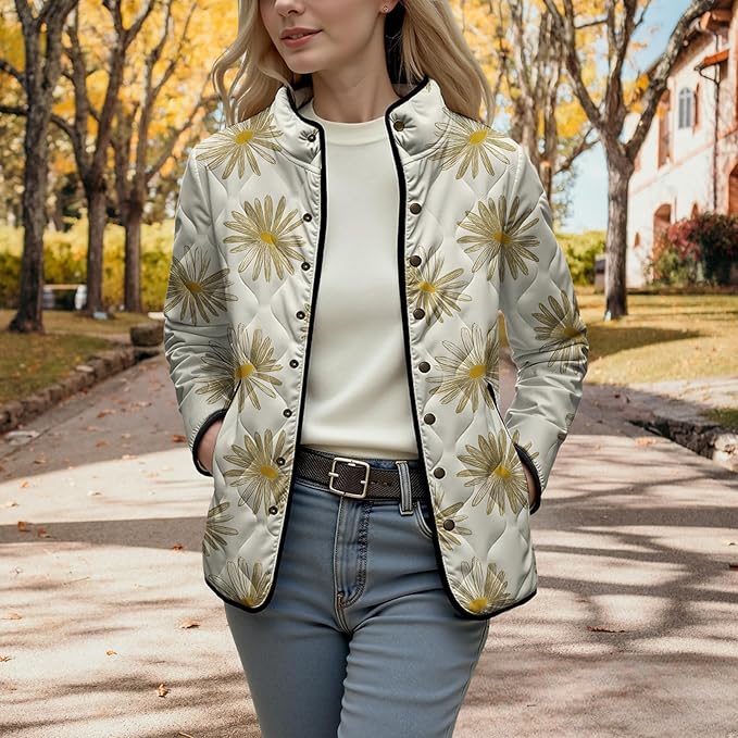 LIZALIG Women's Cropped Puffer Jacket Lightweight Floral Print Long Sleeve Padded Quilted Puffy Cardigan Coat