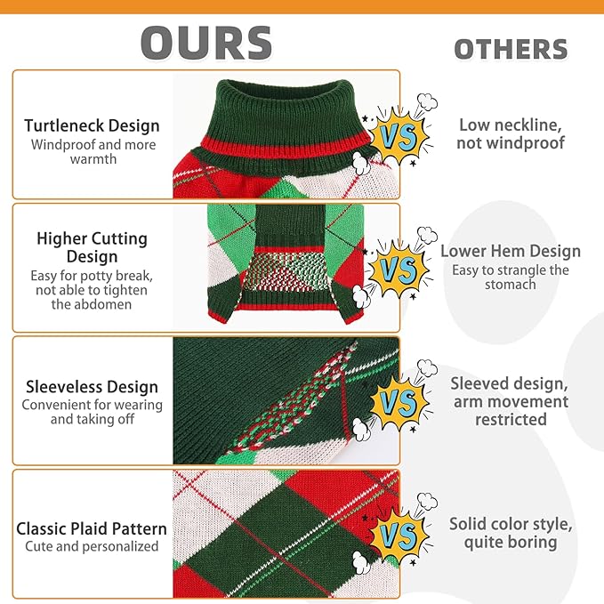 KOOLTAIL Dog Christmas Sweater Pet Knitted Clothes - Classic Plaid Pull Over Turtleneck Dog Sweaters with Leash Hole Warm Dogs Winter Clothing for Small Medium Dogs Cats Puppy Boy Girl Red & Green M