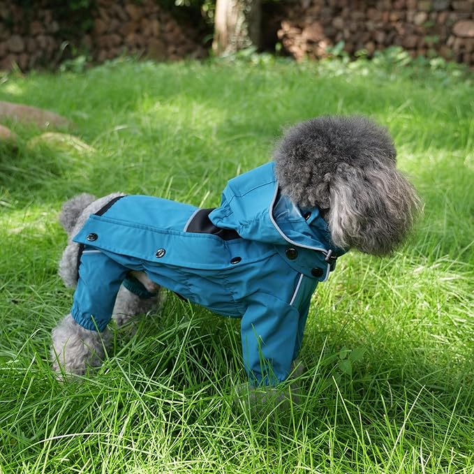 LOVELONGLONG Waterproof Dog Raincoat with Removable Hood – Outdoor Full Body Dog Jacket, Windproof Snowproof Shell Suit – All Season Pet Rain Gear Ocean Teal M