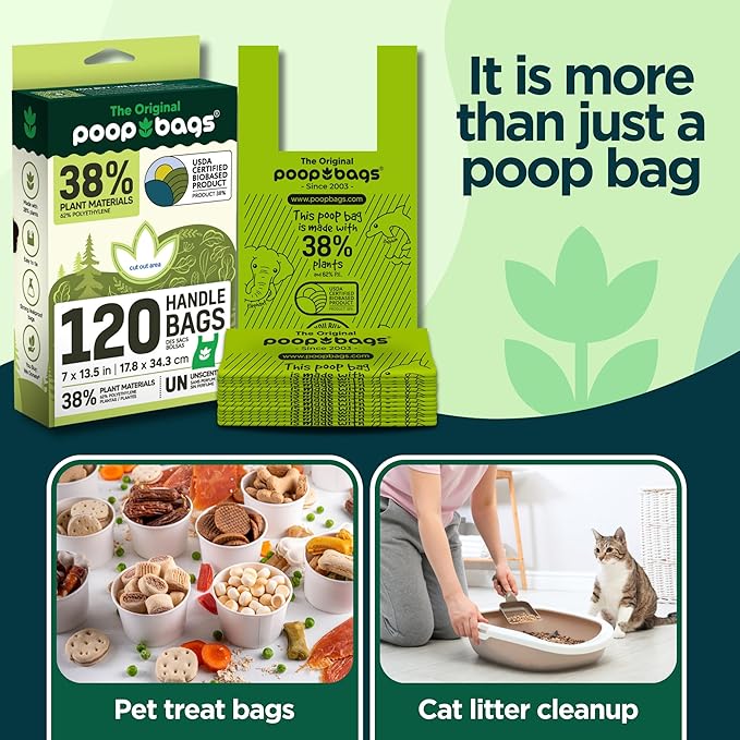 The Original Poop Bags® Dog Poop Bags with Handles, 38% USDA Biobased, Leak-Proof & Easy Tie Waste Bags for Dogs, Unscented, 120 Count