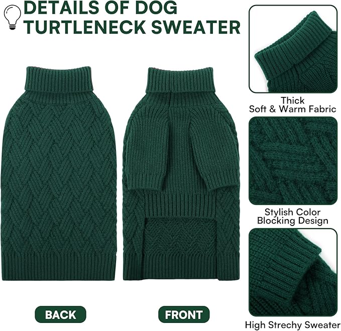 KOESON Dog Sweaters, Warm Medium Dog Sweater Girl and Boy, Turtleneck Christmas Sweaters for Medium Size Dogs, Easy On Pet Xmas Sweaters with Sleeves for Beagle, Dachshund, Boston Terrier, Green, M