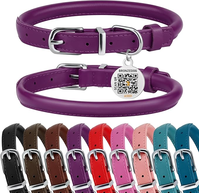 BRONZEDOG Rolled Leather Dog Collar for Small Medium Large Dogs with QR ID Tag (M: 14-16 Inch, Plum)