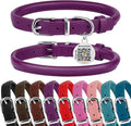 BRONZEDOG Rolled Leather Dog Collar for Small Medium Large Dogs with QR ID Tag (L: 16-18 Inch, Plum)