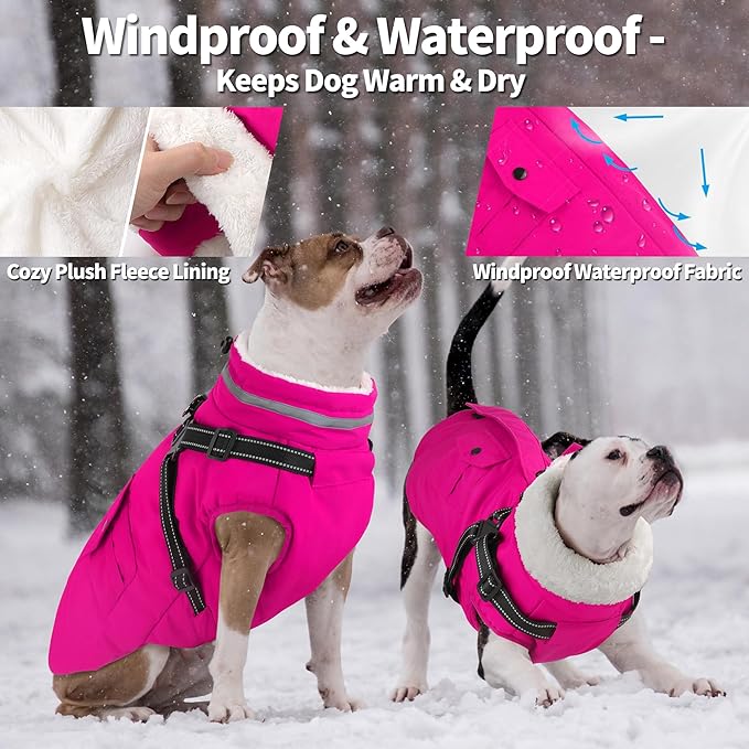 Dogcheer Dog Coat with Harness, Waterproof Warm Dog Winter Jacket with Pockets, Reflective Pet Fleece Jacket Turtleneck Snowsuit for Small Medium Large Dogs - Pink, XL