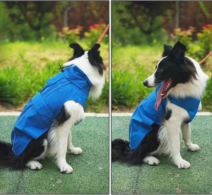 Waterproof Dog Raincoat, Adjustable Lightweight Dog Rain Jacket with Reflective Strip Leash Hole for Small Medium Large Dogs (Blue, Large(22-37lb))