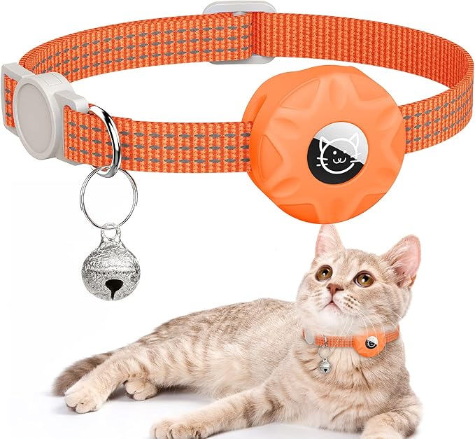 AirTag Cat Collar, Reflective Kitten Collar Breakaway Apple Air Tag Cat Collar, GPS Cat Collar with AirTag Holder and Bell, Lightweight Tracker Cat Collars for Girl Boy Cats Puppies (Orange)