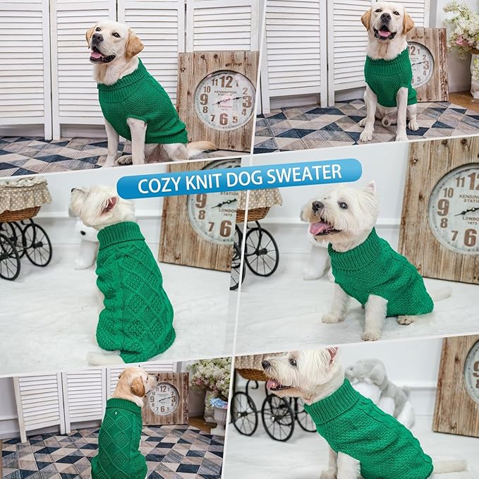 Mihachi Turtleneck Dog Sweater - Winter Coat Apparel Classic Cable Knit Clothes with Leash Hole for Cold Weather, Ideal Gift for Pet in New Year Green X-Small