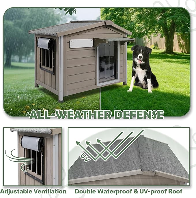 30''L Dog House Outdoor Indoor, Wooden Dog Houses with Waterproof Roof, Door Curtain, Anti-Chewing Frame, Elevated Doghouse Shelter Bed Kennel with Window, Removable Floor