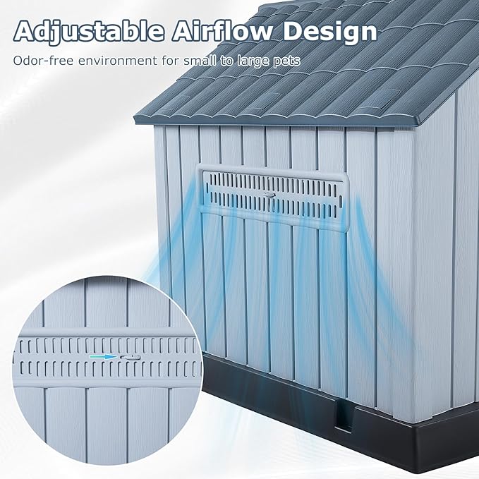 LEMBERI Large Plastic Dog House for Medium Large Dogs, Durable Waterproof Indoor Outdoor Doghouse with Air Vents and Elevated Floor, Easy to Assemble (Gray, 38.7" L x 36.8" W x 39.1" H)