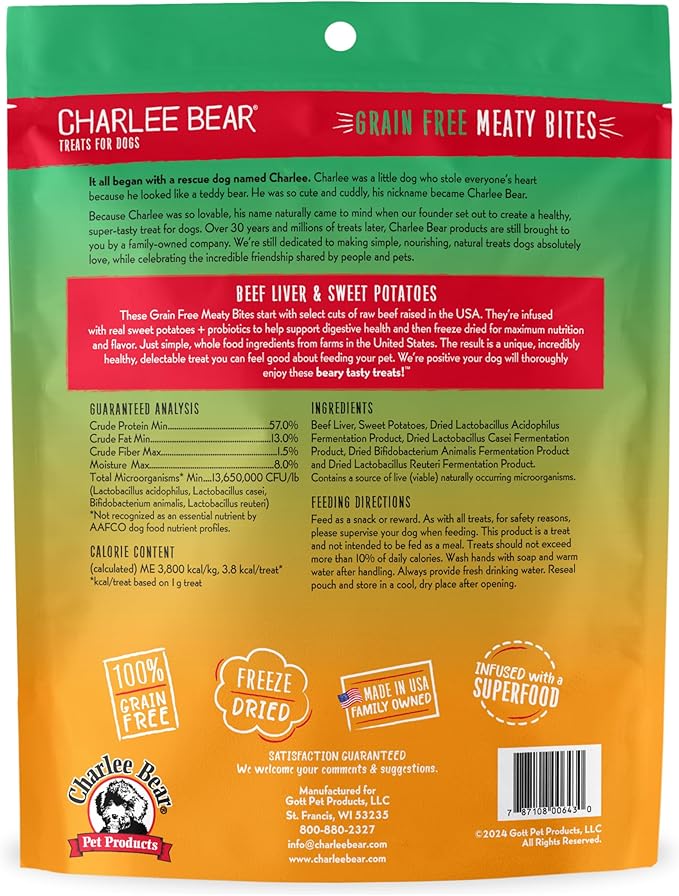 Charlee Bear Grain Free Meaty Bites Freeze Dried Dog Treats with Probiotics, Puppy Training Snacks, Soft Dog Bites Beef Liver with Sweet Potato, 2.25 oz Bags (2), Made USA