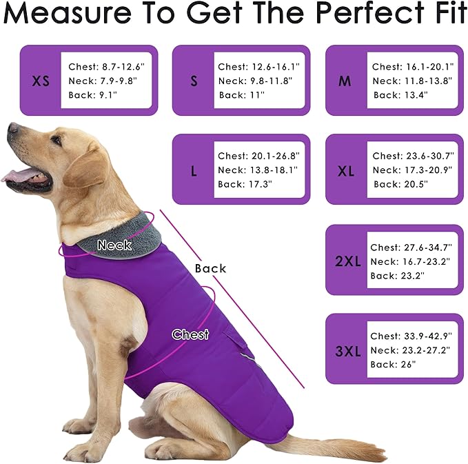 Dog Coat, Waterproof Dog Winter Jacket with Pocket, Reflective Adjustable Pet Snow Vest, Warm Cozy Fleece Sweater for Small Medium Extra Large Dogs - Purple, 2XL