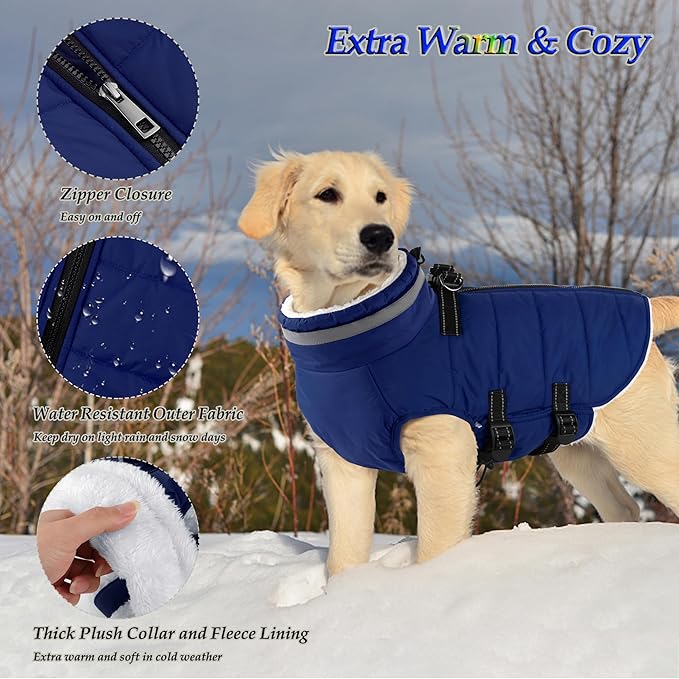 Dogcheer Dog Coat, Waterproof Dog Jacket with Harness, Reflective Adjustable Puppy Winter Coat with Zipper, Christmas Snow Jacket Clothes for Small Medium Large Dogs - Blue 3XL