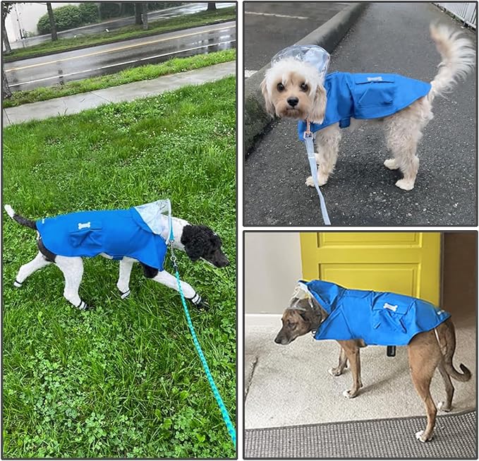 Dog Raincoat Waterproof, Adjustable Reflective Hooded Dog Rain Poncho with Leash Hole for Small Medium Large Dogs (Blue, Small)