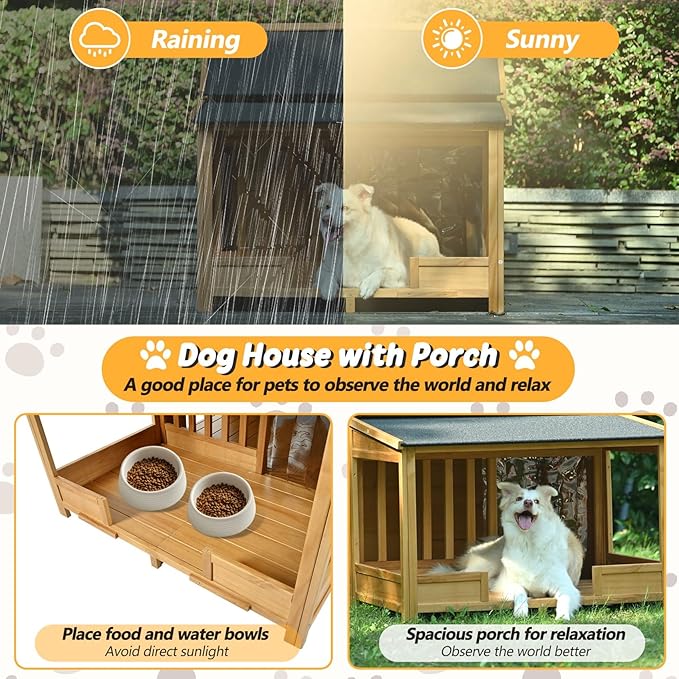 Merax 60.2" Wooden Dog House Outdoor with Insulated Liner for Winter, Extra Large Breed Outside Kennel with Weatherproof, Asphalt Roof, Elevated Floor, Fencing and Porch, for Medium & Large Dogs