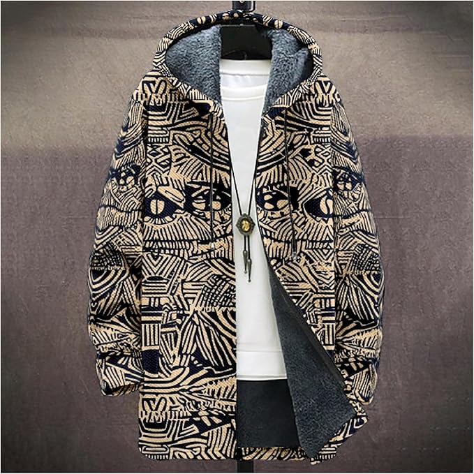 Mens Aztec Print Hoodie Heavyweight Cotton Fleece Jacket Zip Up Warm Long Sleeve Hooded Winter Midi Coat