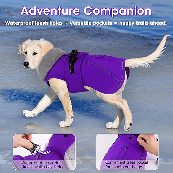 Dogcheer Dog Coat with Pocket, Waterproof Dog Jacket with Adjustable Buckle, Reflective Puppy Winter Coat Warm Turtleneck Fleece SnowJacket for Small Medium Large Dogs - Purple XL