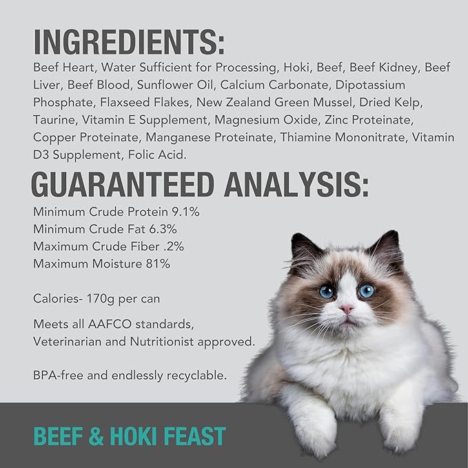 Feline Natural New Zealand Canned Catfood Wet Food, High-Meat, Low-Carb, & Grain Free Cat Food Wet, Beef & Hoki Feast, 3 oz, Pack of 24