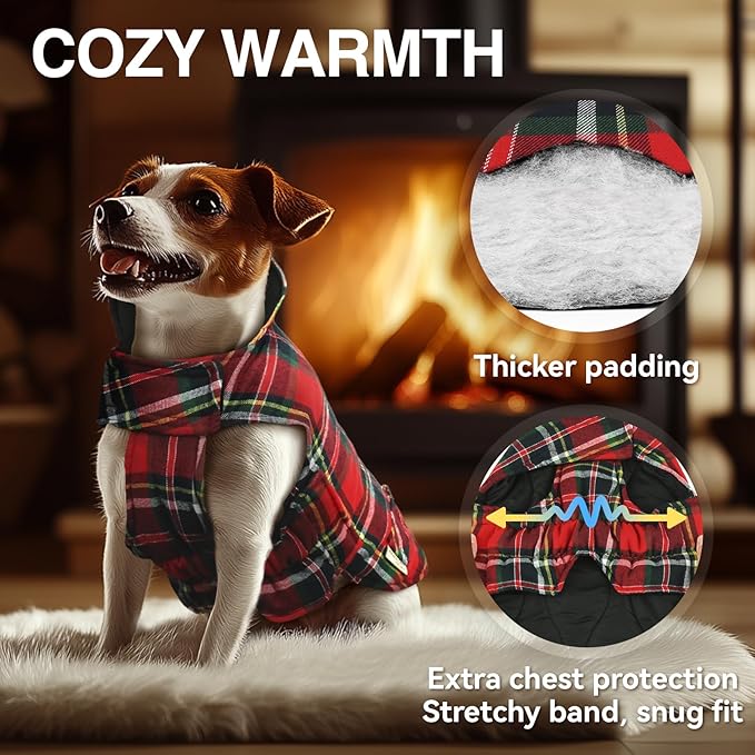 VIVAGLORY Softjoy Dog Coat, Dog Jacket for Winter & Christmas, Coat with Harness Hole & Velcro Closure, Reversible Plaid Checkered Warm Fluffy Heavy Duty for Puppy, L, Red