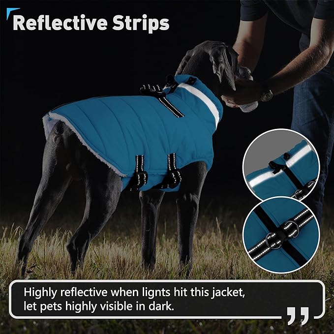 Dogcheer Dog Coat with Harness, Waterproof Dog Jacket Adjustable Pet Winter Coat with Zipper, Christmas Puppy Snow Jacket Fleece Sweater for Small Medium Large Dogs - Sky Blue 2XL