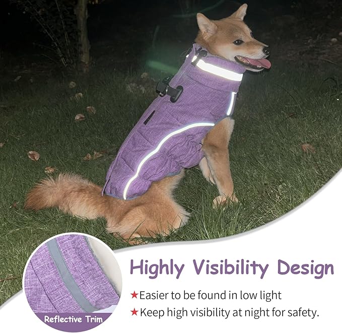 Malier Dog Coat, Reflective Dog Jacket Waterproof Windproof Puppy Cold Weather Coats with Harness Built in, Winter Extra Warm Pet Coat Fleece Vest for Small Large Pets and Puppy (Purple, Small)
