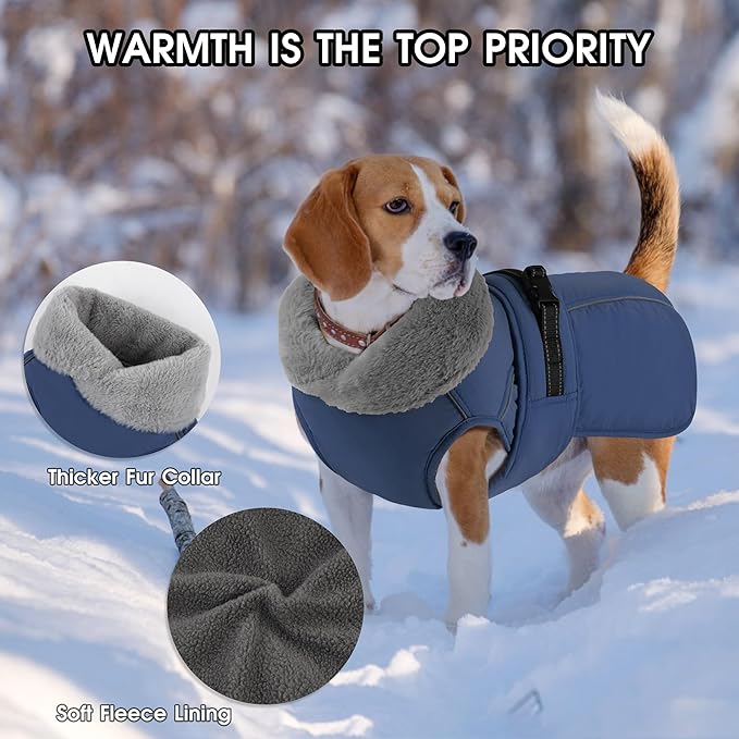PETDSH Dog Coat Medium, Windproof Dog Jacket with Warm Fleece Lining, Thickened Collar Dogs Winter Coat, Adjustable Reflective Pet Coats for Cold Weather (Navy Blue, Medium)