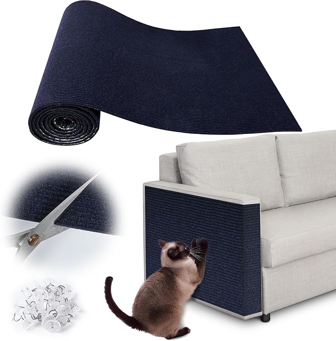 Cat Scratch Furniture Protector - 118" x 17" Trimmable Self-Adhesive Cats Claws Scratch Pads, DIY Cat Climbing Couch Protector for Scratch Post Cat Tree Replacement Indoor (Dark Blue)