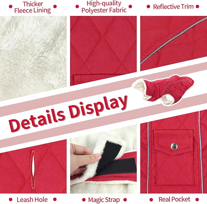 Malier Dog Winter Coat, Windproof Dog Cold Weather Coats with Real Pocket, Winter Extra Warm Pet Coat Fleece Jacket Reflective Clothes for Small Medium Large Dogs and Puppy (Red, X-Small)
