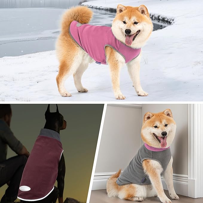 cyeollo 2 Pack Dog Sweater Stretchy Fleece Sweatshirt Clothes Winter Reflective Dog Jacket Pet Sweaters for Medium Large Dogs Girl, Pink & Grey XXL