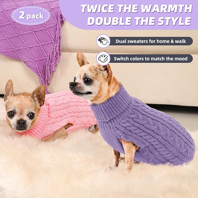 2 Pack Dog Sweaters for Small Dogs Turtleneck Pullover Cable Knit Puppy Stretch Clothes Chihuahua Yorkie Pomeranian Toy Poodle Boy Girl Pets Winter Doggie Clothes (XS, Pink & Purple)