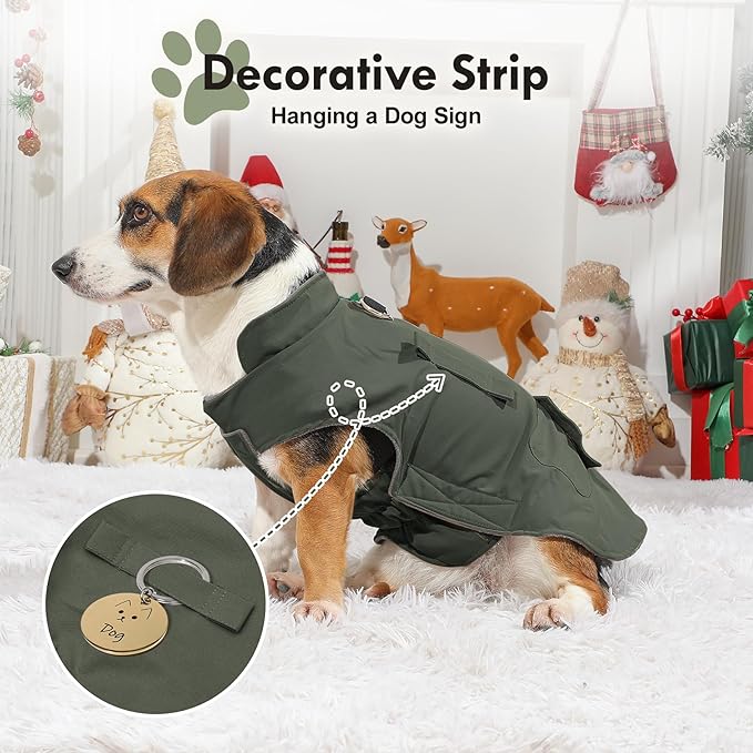 Workwear Style Dog Coats with Harness Built in for Small Dogs Windproof Warm Puppy Jacket with Storage Pockets for Cold Winter,Green M