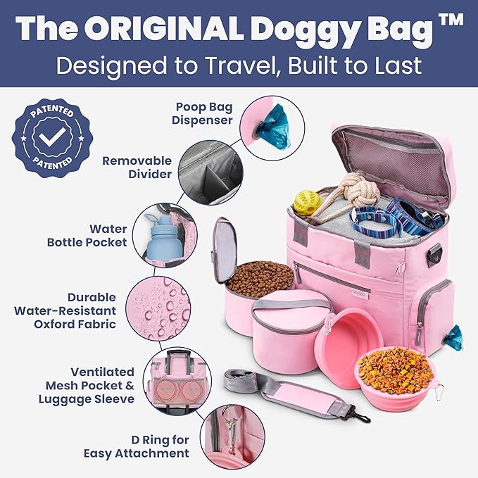 The Original Doggy Bag™ - Complete Dog Travel Bag for Supplies with 2 BPA-Free Travel Bowls & 2 Pet Food Containers - A Dog Mom Gift for Day Trips, Camping, Road Trips & Weekends Away - Lt. Pink