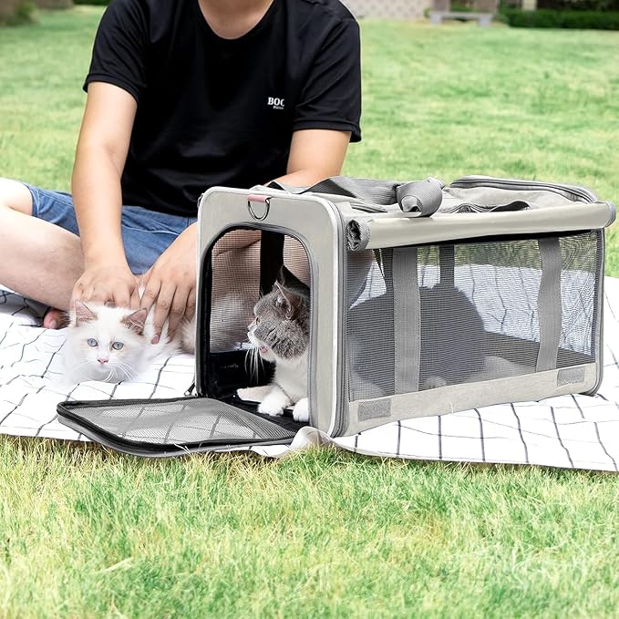 Pet Carrier for Large Cat Soft-Sided Animal Traveling Bag for Medium Cat up to 20lbs / Washable Small Dog Puppy 10 lbs Crate Case with Privacy Curtains for Home Outdoor Travel Beige White