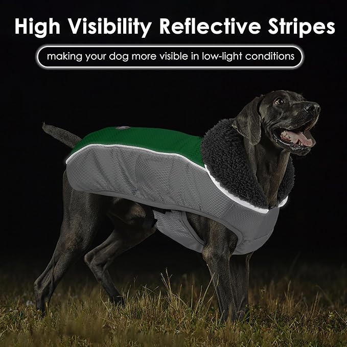 Dog Coat, Waterproof Ripstop Dog Winter Jacket with Leash Hole, Reflective Adjustable Warm Pet Fleece Snow Sweater for Small Medium Large Dogs - Green, L