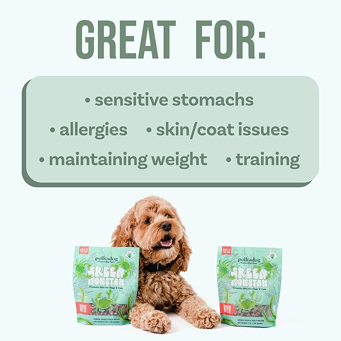 Polkadog Green Crab & Kelp Crunchy Training Bits – All Natural, Limited Ingredient Healthy Training Treats for Dogs. Handcrafted & Made in USA. High in Omega-3 – 7oz
