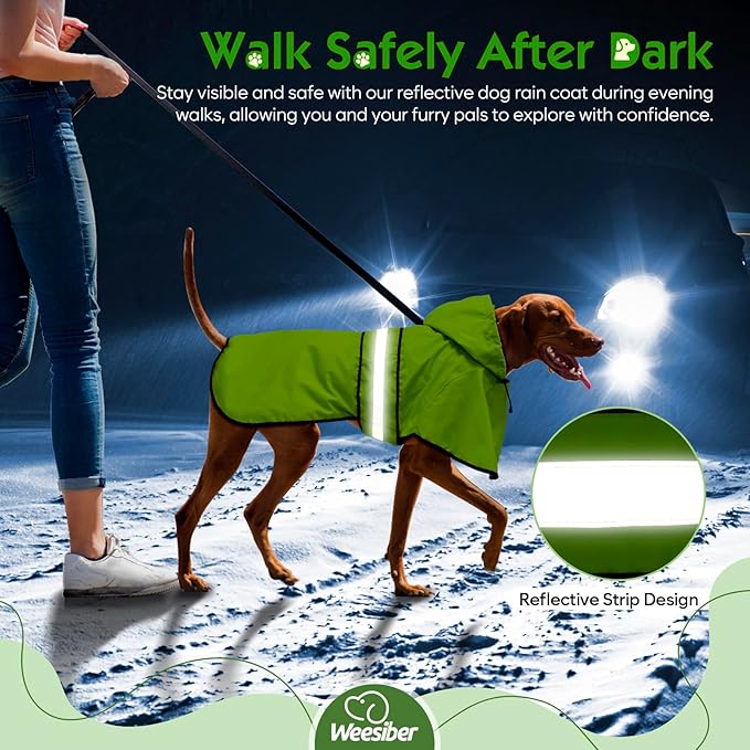 Weesiber Dog Raincoat, Waterproof Dog Rain Jacket with Leash Hole, Reflective Puppy Rainwear Hooded Pet Poncho Slicker for Walking (L, Green)