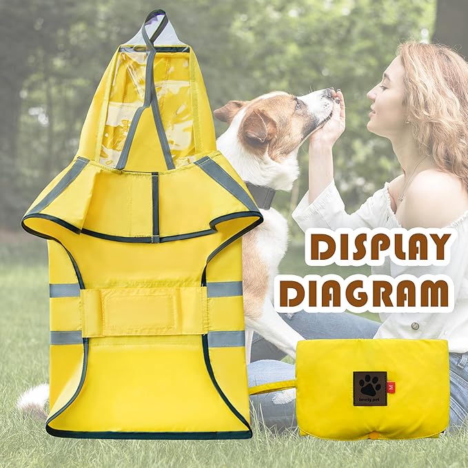 Dog Raincoat, Adjustable Rain Jacket with Hooded Double Layer for Large Medium Small Dogs Puppies, Lightweight Waterproof Rain Coat Poncho with Reflective Stripe Yellow,S