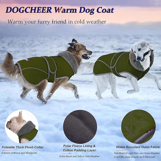 Dogcheer Dog Coat, Waterproof Dog Jacket Reflective Pet Winter Coat with Adjustable Hook & Loop, Christmas Puppy Fleece Jacket Warm Turtleneck Snowsuit for Small Medium Large Dogs - Green, S