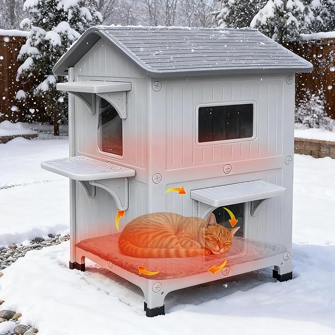 Rockever Plastic Outdoor Cat House with Insulated Liner, 100% Insulated Outdoor Cat Houses for Winter, Waterproof 2 Story Outside Cat Shelter, Clean and Assemble Easily-White
