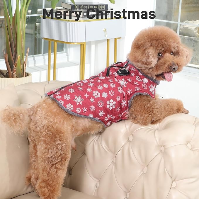 Warm Fleece Dog Coats with Durable Harness Buitl in D-Ring,Waterproof Puppy Jacket for Small Dogs,Dog Vest for Cold Winter,Red,Snow Pattern S