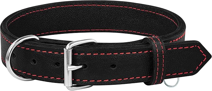 Riparo Dog Collar - Genuine Leather Dog Collars - Heavy Duty Dog Collars for Medium Large and Extra Large Dog Breeds (XL: 1.5” Wide for 22” - 26” Neck, Black/Red Thread)