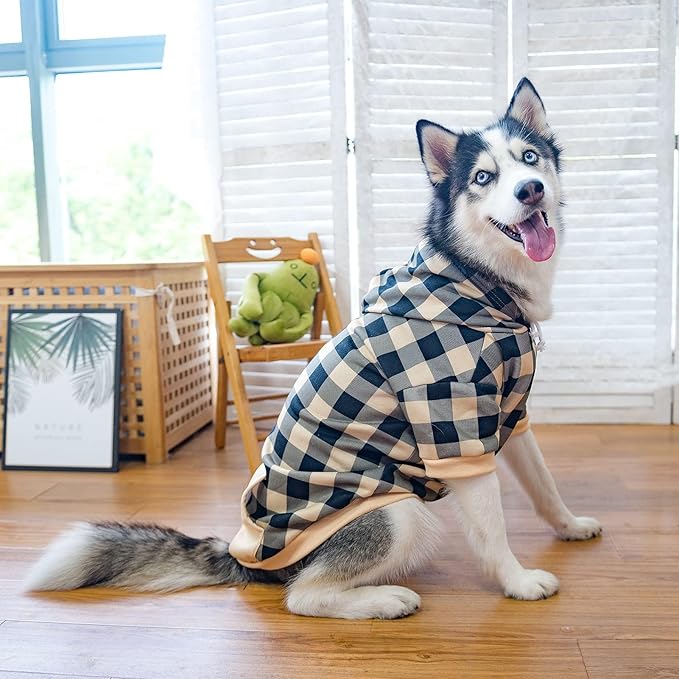 KOOLTAIL Plaid Dog Hoodie Pet Clothes Sweater with Hat and Pocket for Small Medium Large Size Dogs, Soft Winter Warm Dog Cold Weather Coat, Fleece Fall Dog Hooded Sweatshirt for Puppy Cats, Beige L