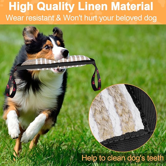 Dog Tug Toy Dog Bite Jute Pillow Pull Toy with 2 Strong Handles Perfect for Tug of War, Puppy Interactive Play, Tear Resistant Bite Training Toys for Small Medium Large Dogs (Black Footprint)