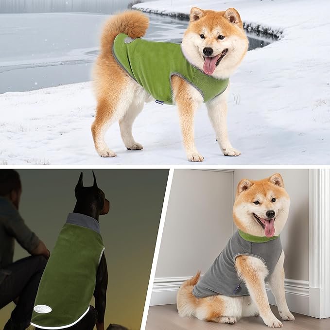 cyeollo 2 Pack Dog Sweater Fleece Vest Dog Sweatshirt Reflective Lightweight Pet Clothes for Small Dogs Boy Girl Pet Apparel Grass Green, Grey, L